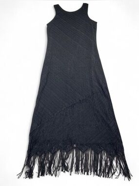 Vintage Harlow 90s Black Lace Crochet Fringe Maxi Dress Goth Witchy Sultry Sz 16